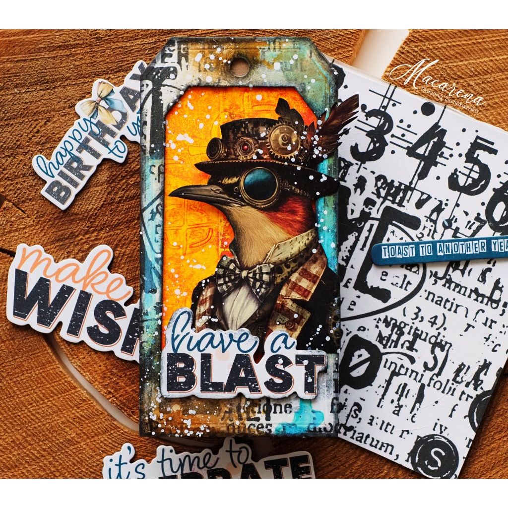 PaperArtsy Kate Crane Stencil ps483 bird wearing suit have a blast tag
