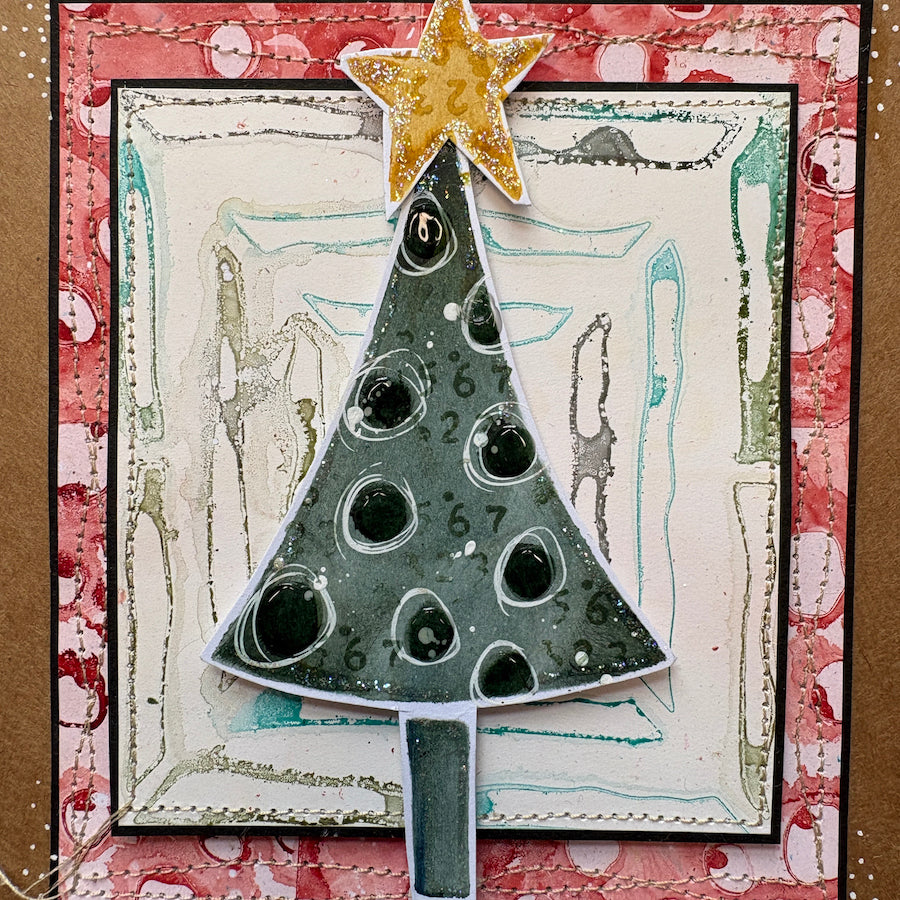 PaperArtsy Kate Crane Stencil ps531 christmas tree sparkle yellow star stitching trim card