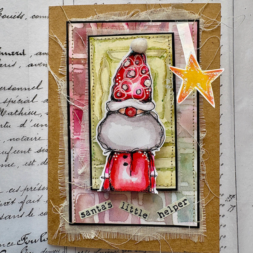 PaperArtsy Kate Crane Stencil ps531 santa red hat yellow sparkle star santa's little helper card
