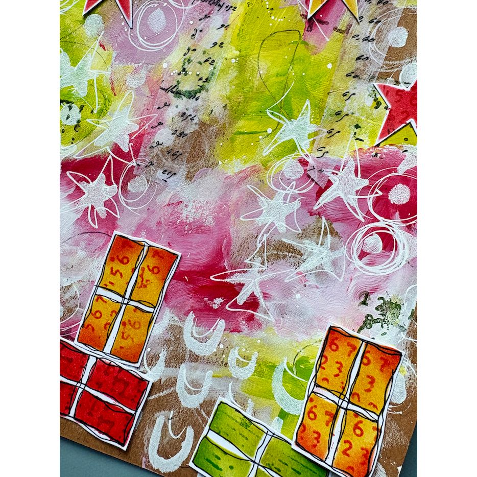 PaperArtsy Kate Crane Stencil ps532 red colored squares white stars white circles 