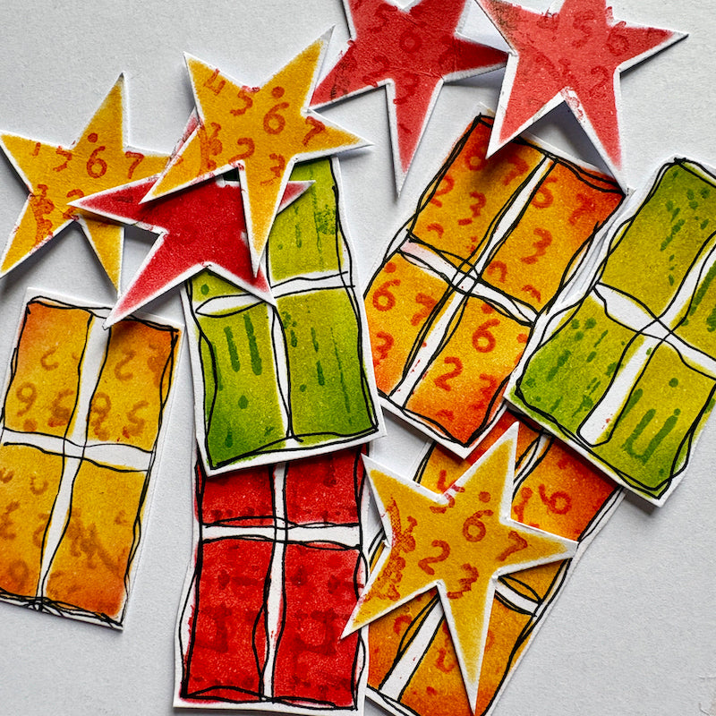 PaperArtsy Kate Crane Stencil ps532 red stars green and yellow squares numbers