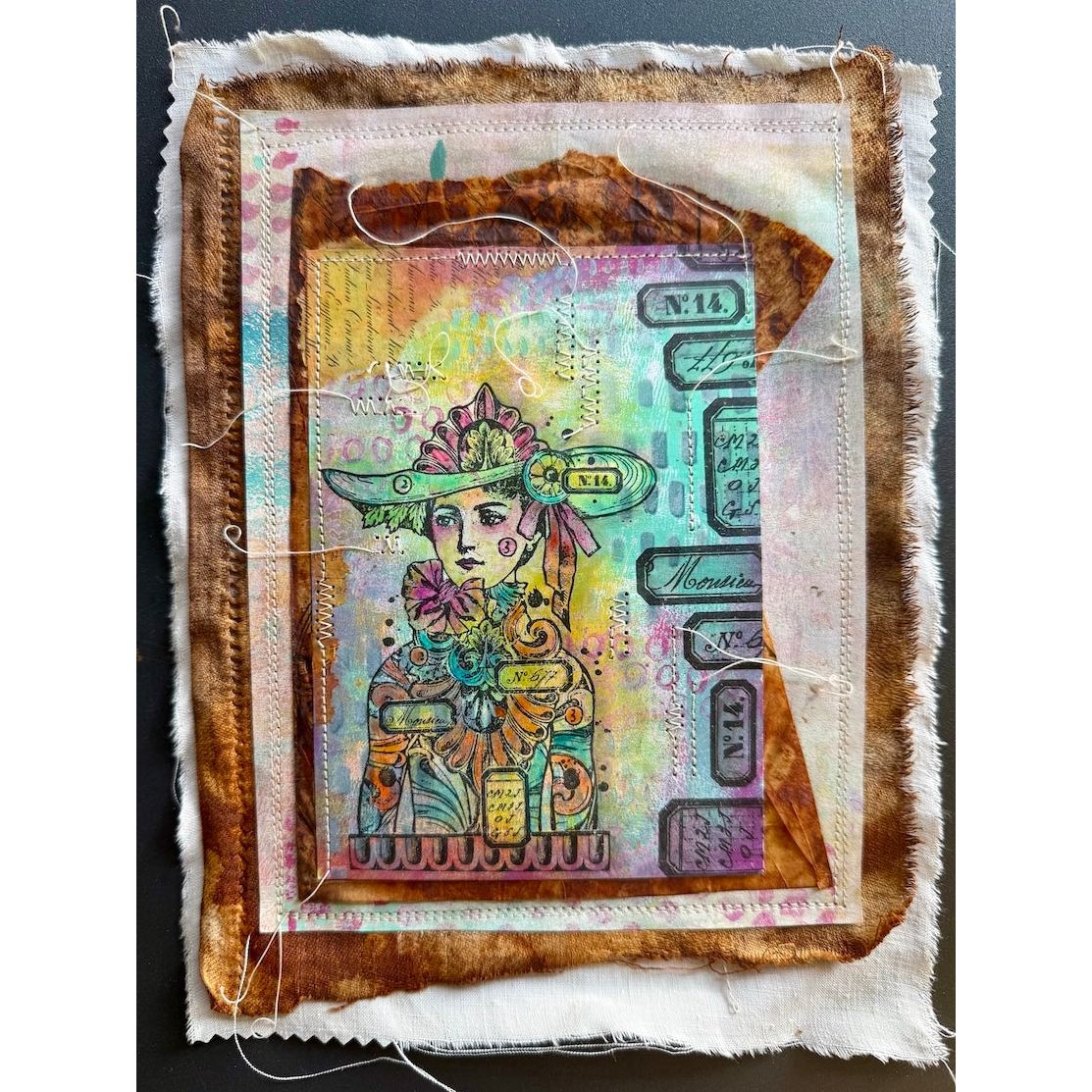 PaperArtsy Lynne Perrella Cling Stamps lpc082 woman in hat tie dye background cloth card