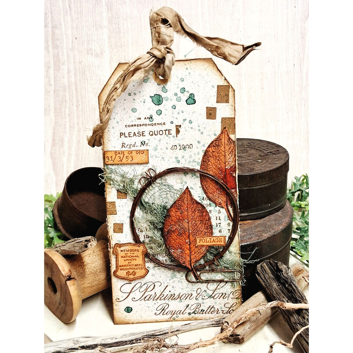 PaperArtsy Mags Woodcock Eclectica3 Cling Stamps emw007 brown leaves green yarn net green splatters tag card