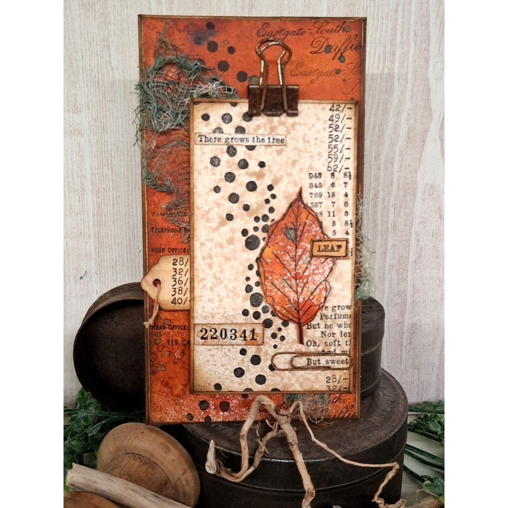 PaperArtsy Mags Woodcock Eclectica3 Cling Stamps emw009 black circle dots orange leaf numbers card