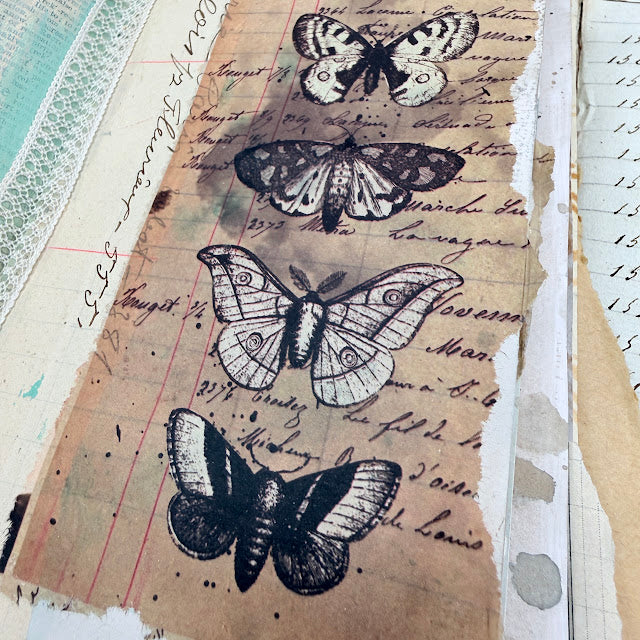 PaperArtsy Postcard People in Color Printed Tissue pt15 butterfly ledger collage