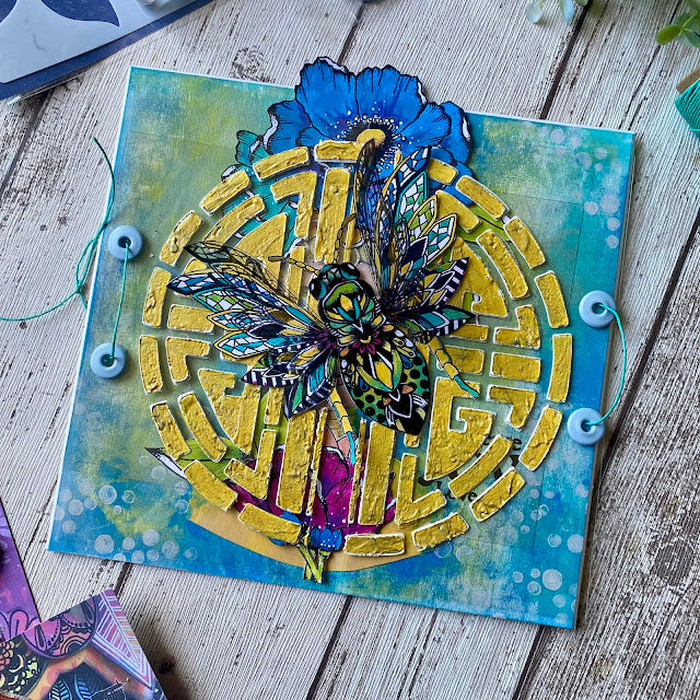PaperArtsy Tracy Scott Cling Stamps ts109 blue flower bumblebee insect blue green background
