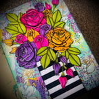 PaperArtsy Tracy Scott Cling Stamps ts111 pink roses orange roses purple roses black and white stripped vase card