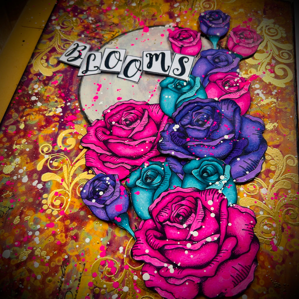 PaperArtsy Tracy Scott Cling Stamps ts112 pink roses blue roses pink splatters blooms card