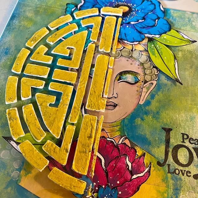 PaperArtsy Tracy Scott Large Stencil ps520 blue flower aztec symbol