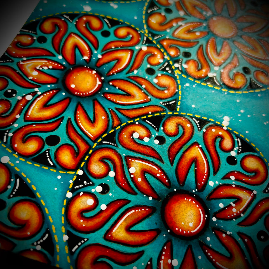 PaperArtsy Tracy Scott Large Stencil ps533 orange flower design white splatters blue background card
