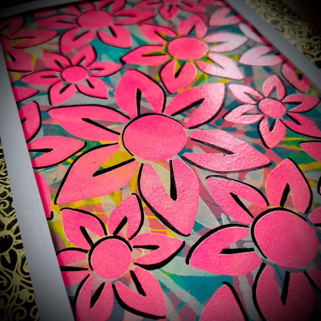 PaperArtsy Tracy Scott Large Stencil ps534 pink flower white trim card