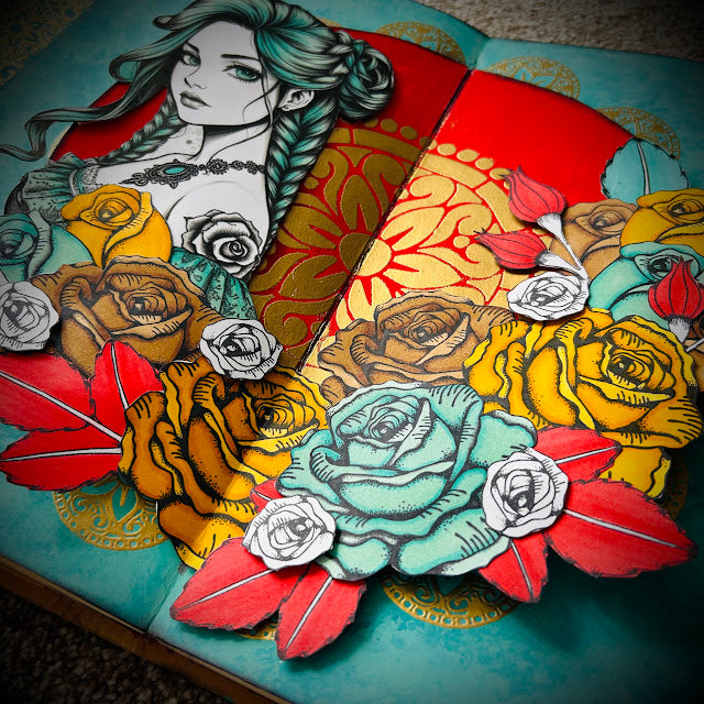 PaperArtsy Tracy Scott Large Stencil ps535girl colored roses red leaves card 