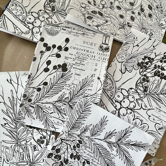 PaperArtsy Winter Botanicals in Color Tissue pt16 black and white greenery and berries