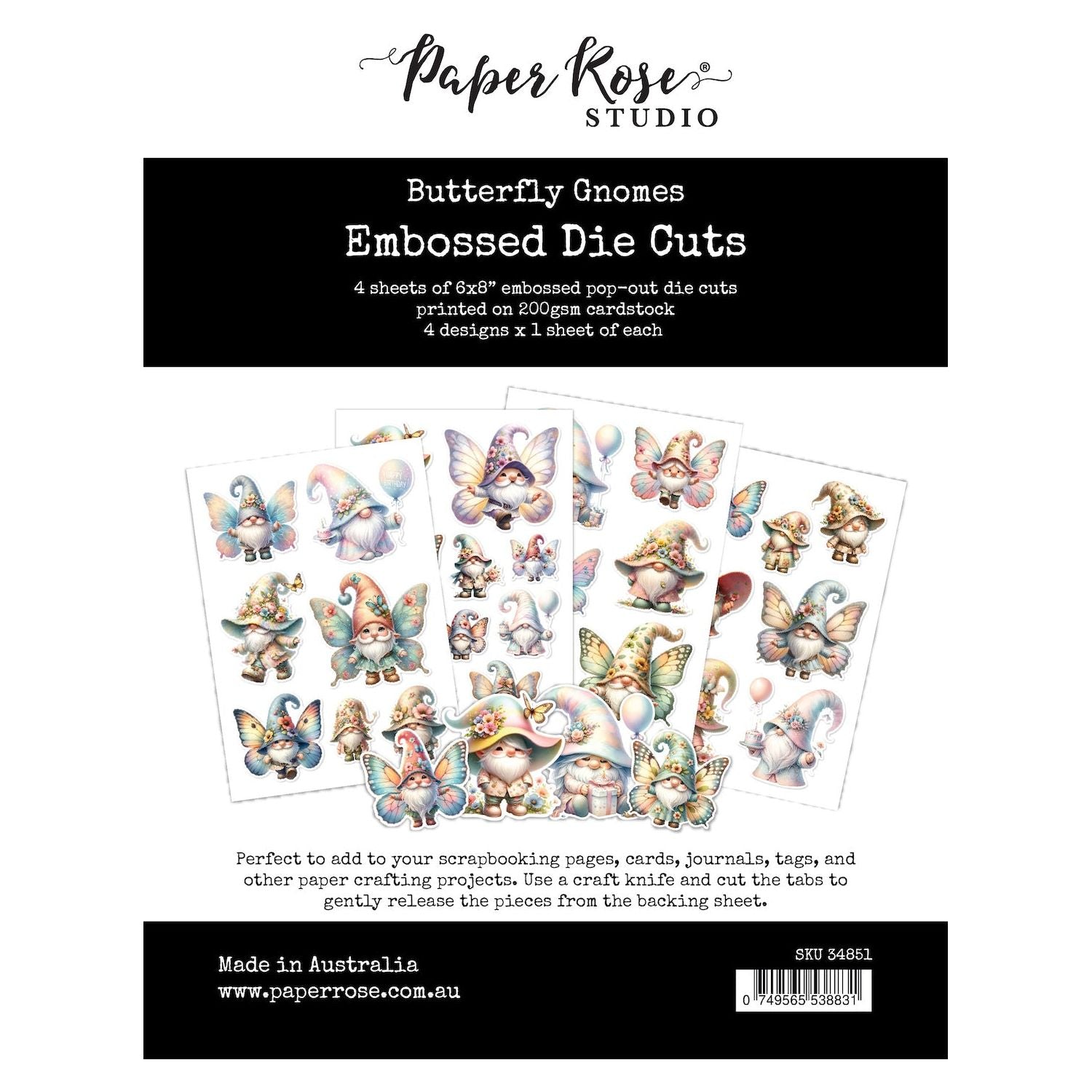 Paper Rose Butterfly Gnomes Embossed Die Cuts 34851