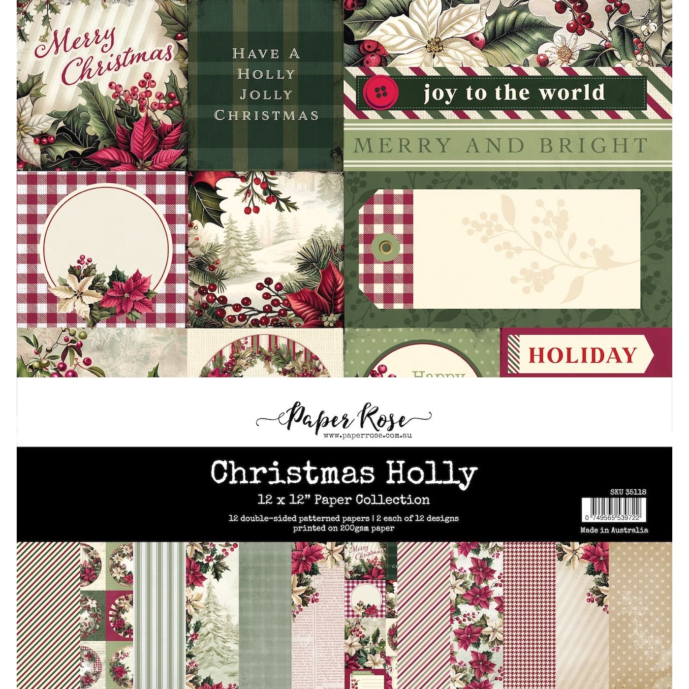 Paper Rose Christmas Holly 12x12 Paper 35118