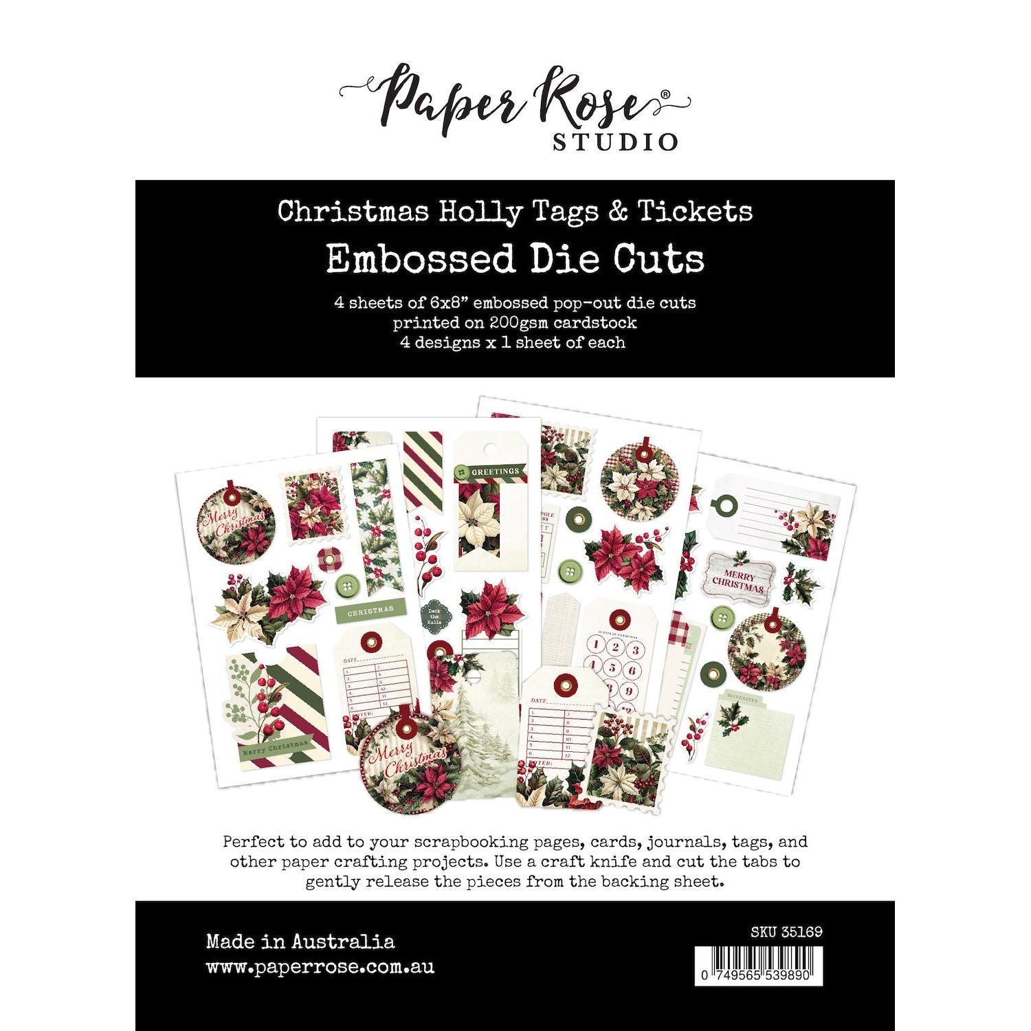 Paper Rose Christmas Holly Tags and Tickets Embossed Die Cuts 35169