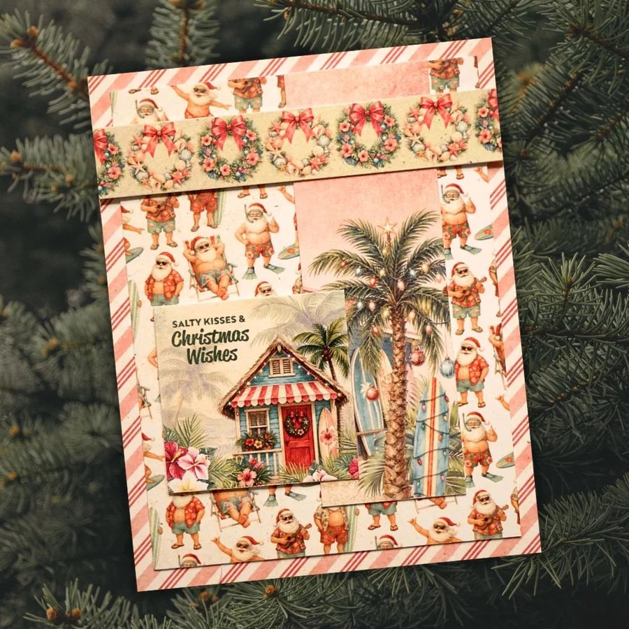 Paper Rose Christmas in Paradise 6x6 Paper 36913 santa claus on surfboard palm tree with lights blue beach house salty kisses and christmas wishes card