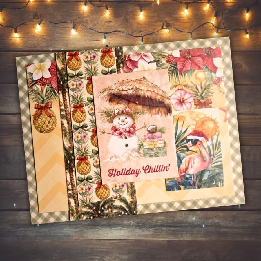Paper Rose Christmas in Paradise Basics 12x12 Paper 36949 snowman with straw hat straw umbrella pineapples flamingo holiday chillin card