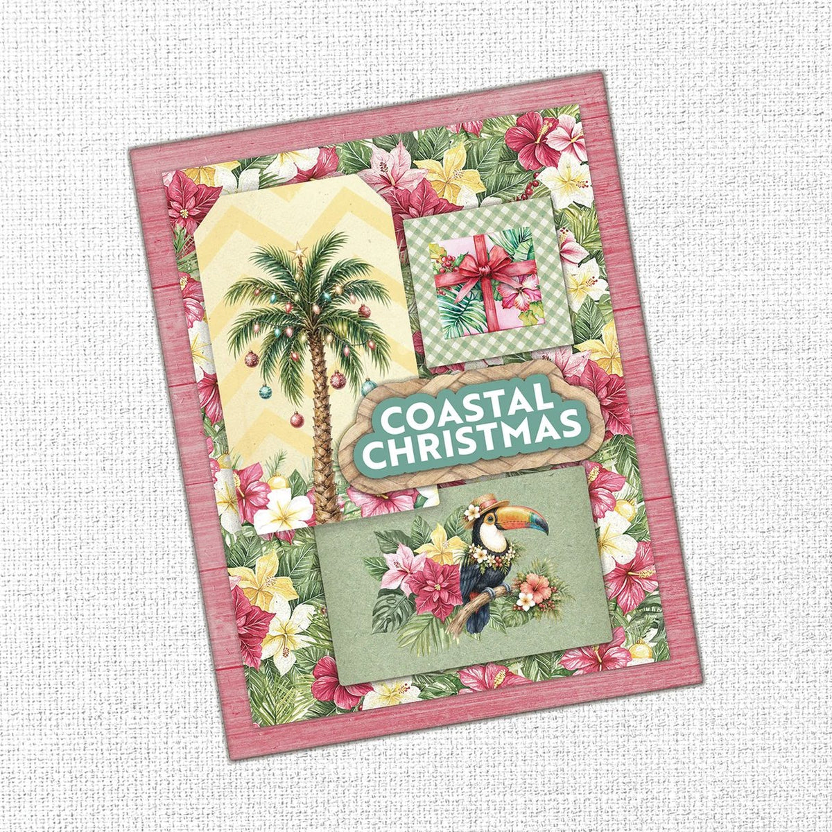 Paper Rose Christmas in Paradise Basics 6x6 Paper 36946 hibiscus flowers palm tree with lights ornaments tucan wearing hat coastal christmas card