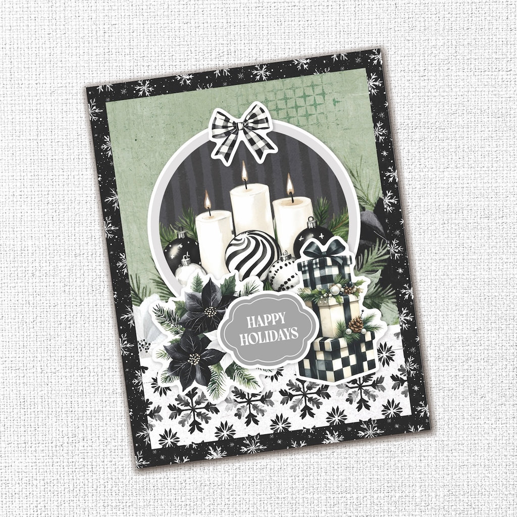 Paper Rose Mistletoe Market Embossed Die Cuts 37033 presents stacked candles ornaments happy holidays card