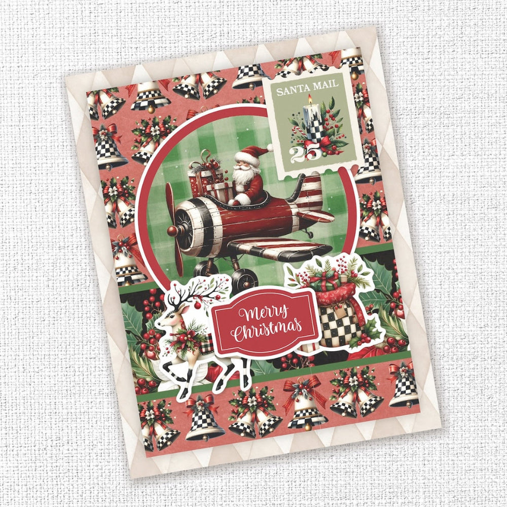 Paper Rose Studio Christmas Wishes Tags and Tickets Embossed Die Cuts 37138 santa in plane with presents bells santa mail card