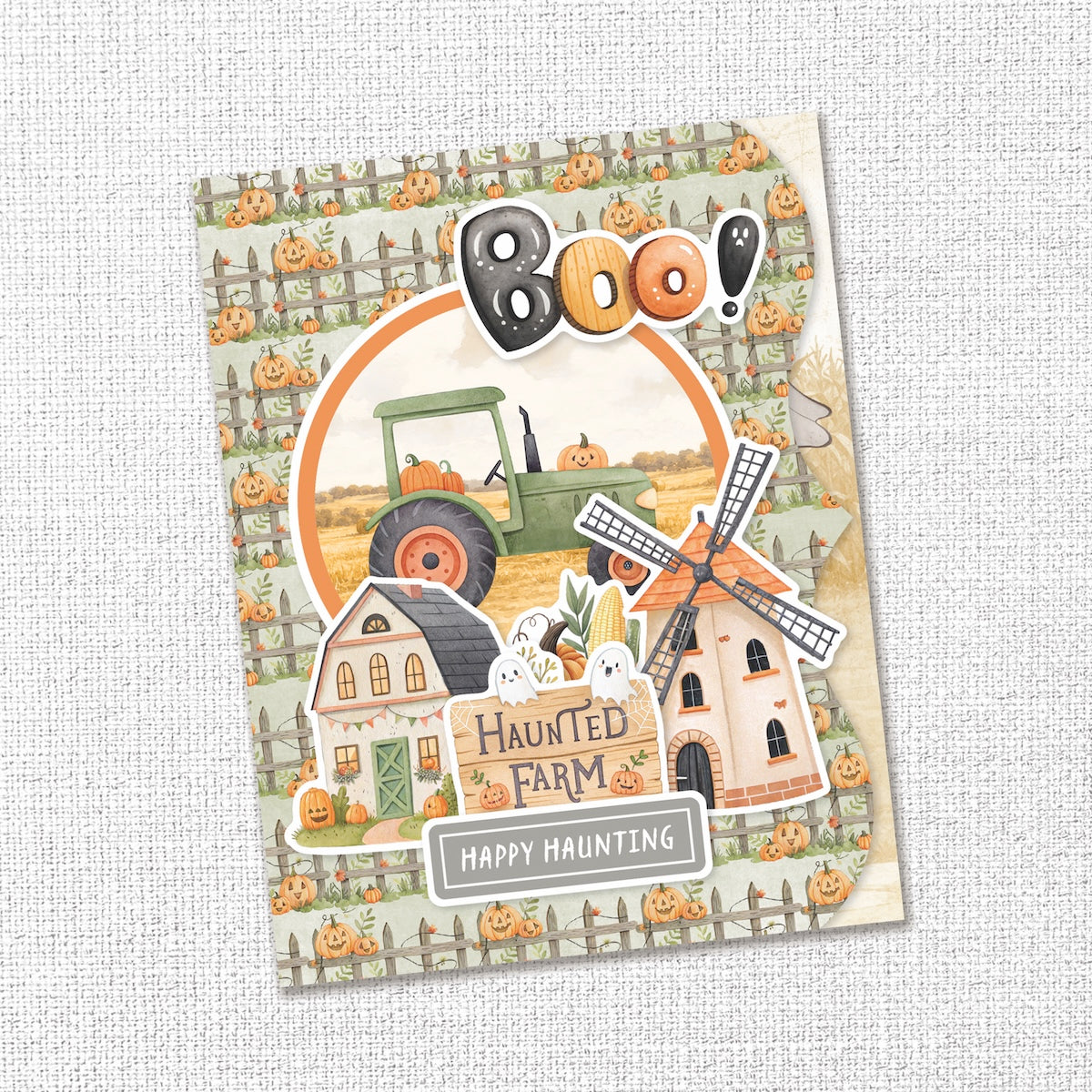 Paper Rose Studio Halloween Harvest 6x6 Paper 37156 tractor with pumpkins farm house windmill boo happy haunting card