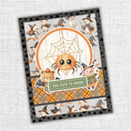 Paper Rose Studio Halloween Harvest Basics 12x12 Paper 37192 spider on cobweb teddy bear with bat wings goose background too cute to spook card
