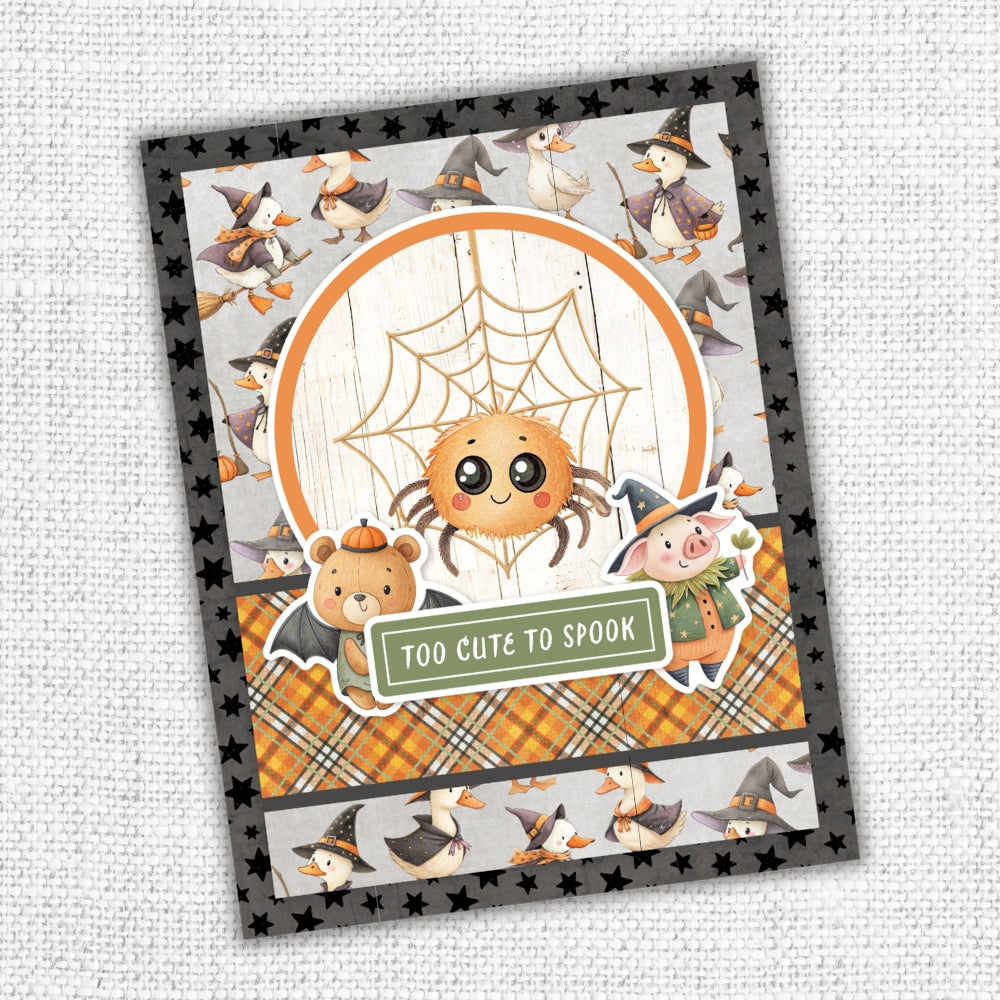 Paper Rose Studio Halloween Harvest Basics 12x12 Paper 37192 spider on cobweb teddy bear with bat wings goose background too cute to spook card