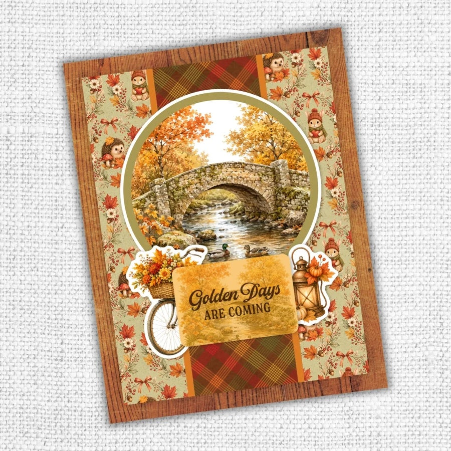 Paper Rose Studio Maplewood Cottage Basics 12x12 Paper 37336 fall trees bridge stream wood grain background