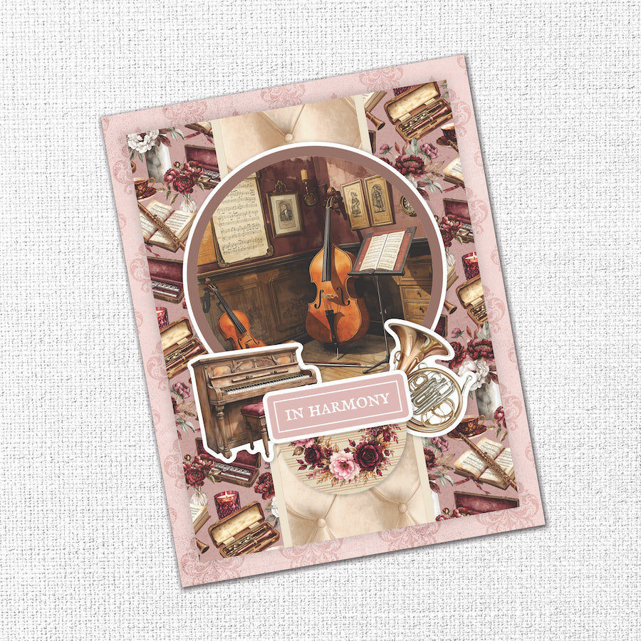 Paper Rose Studio Melody and Memories 6x6 Paper 37375 sheet music piano instruments and flowers in harmony card