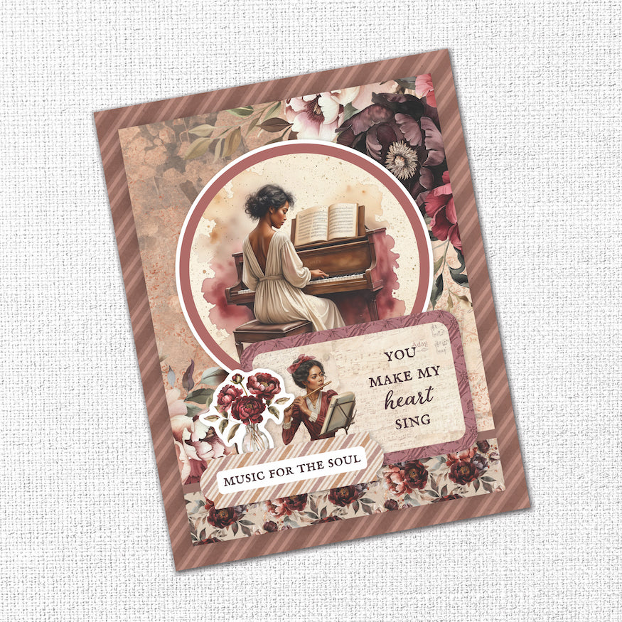 Paper Rose Studio Melody and Memories Basics 6x6 Paper 37408 woman playing piano flute flowers stripped trim border card