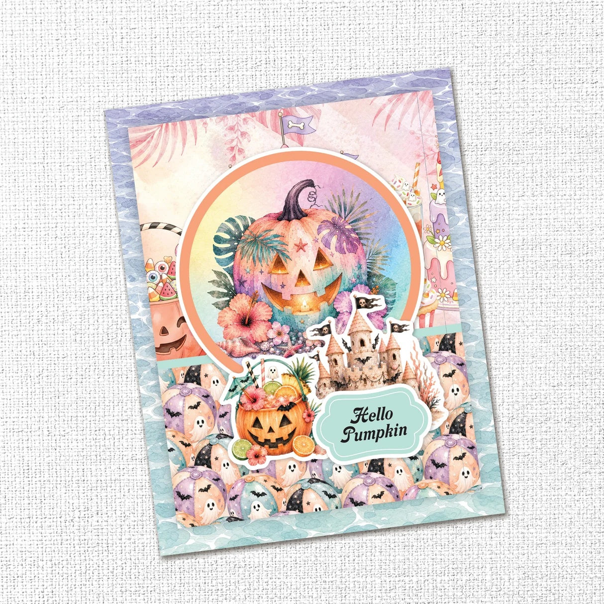 Paper Rose Studio Spooky Summer 12x12 Paper Collection 37231 pumpkin with flowers beach balls hello pumpkin card