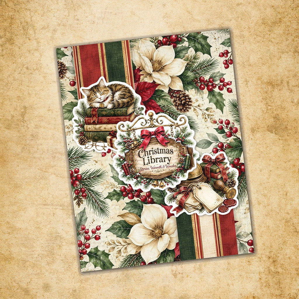 Paper Rose The Christmas Library 12x12 Paper 37546 cat on books flowers garland and berries christmas library card
