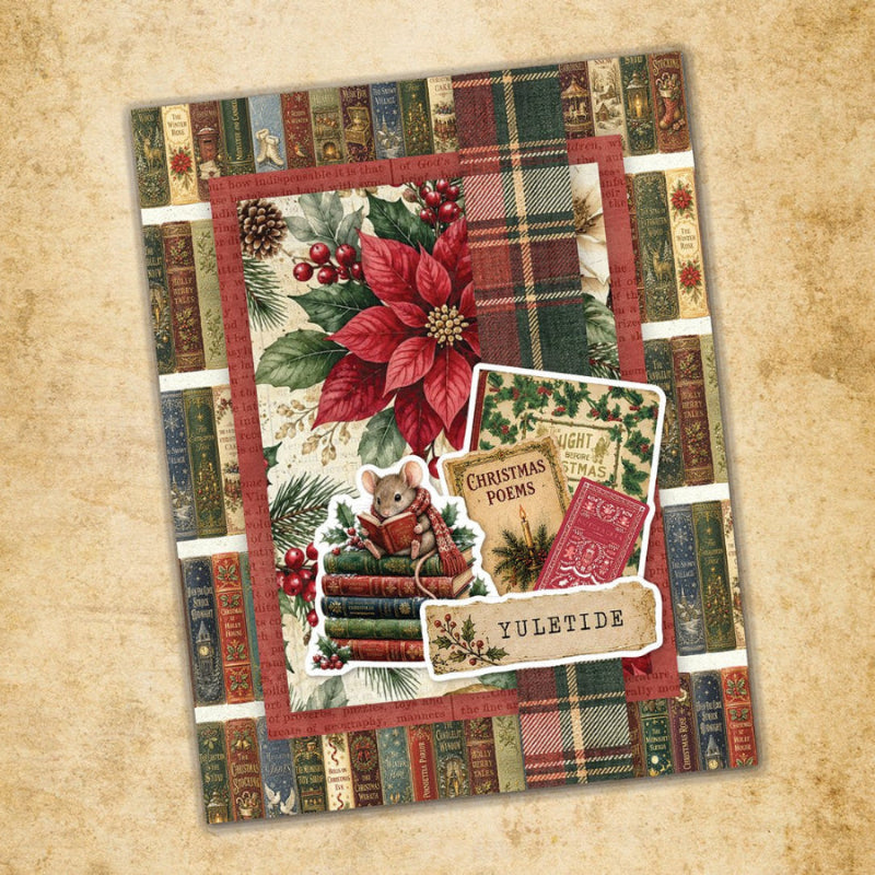 Paper Rose The Christmas Library 6x6 Paper 37543 mouse on books poinsettia flower layers of books background card