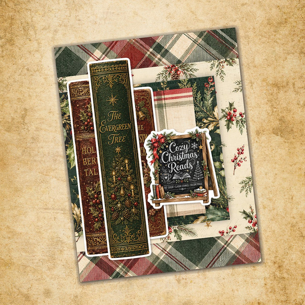 Paper Rose The Christmas Library Basics 12x12 Paper 37570 books garland and berries plaid background card