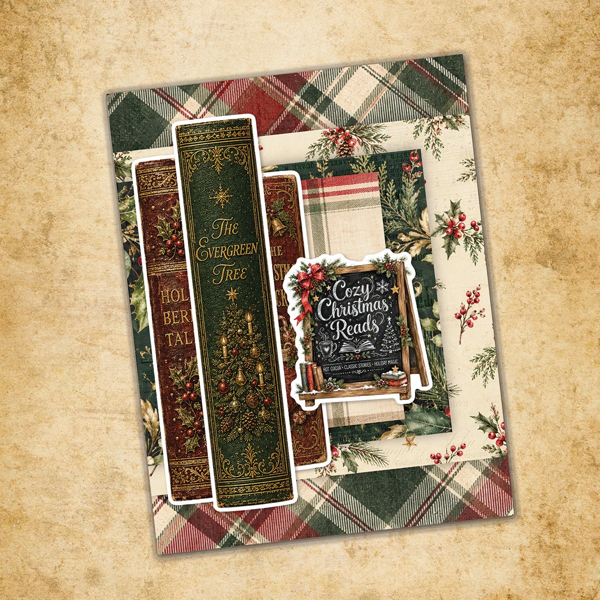 Paper Rose The Christmas Library Basics 12x12 Paper 37570 books garland and berries plaid background card