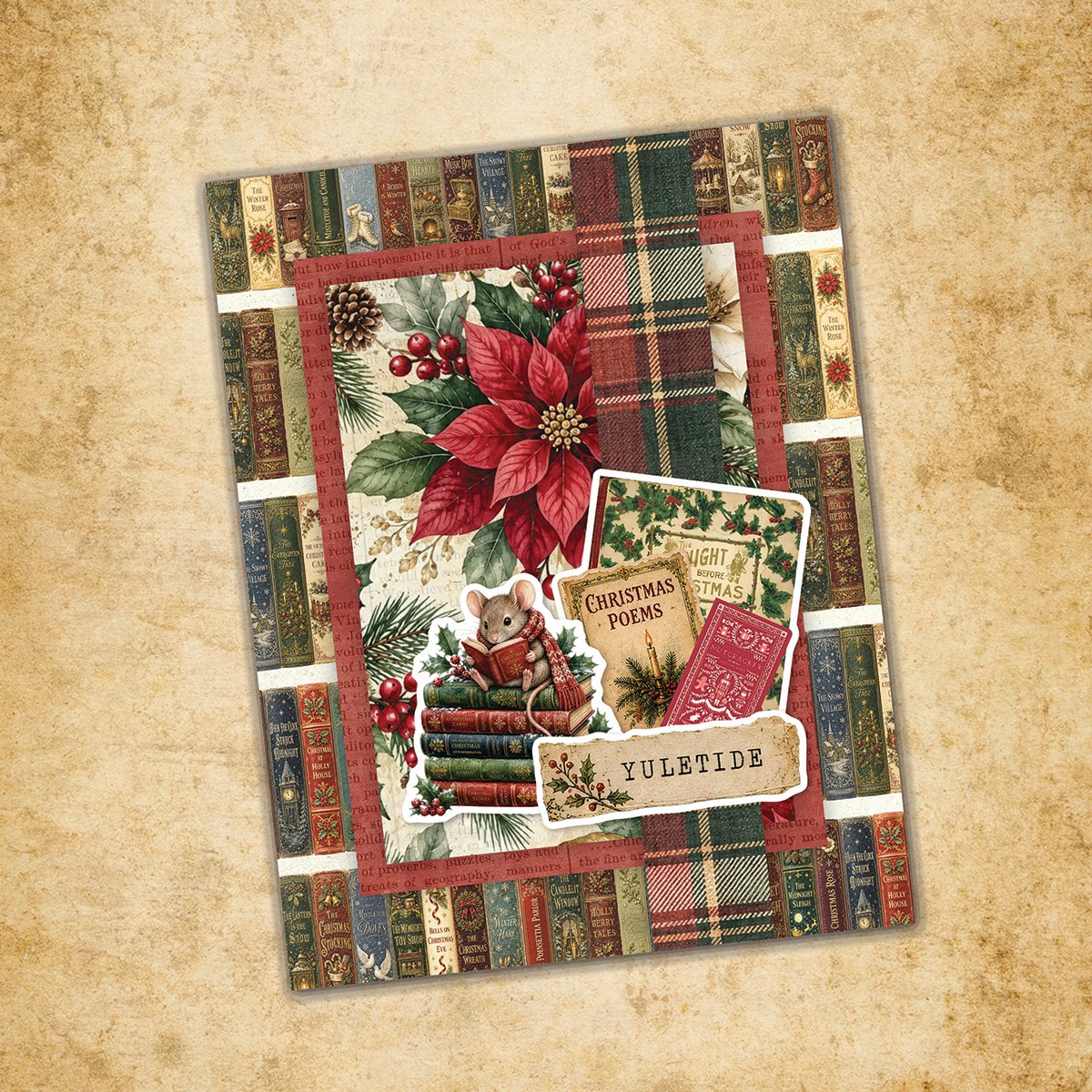 Paper Rose The Christmas Library Basics 12x12 Paper 37570 line of books mouse with scarf card