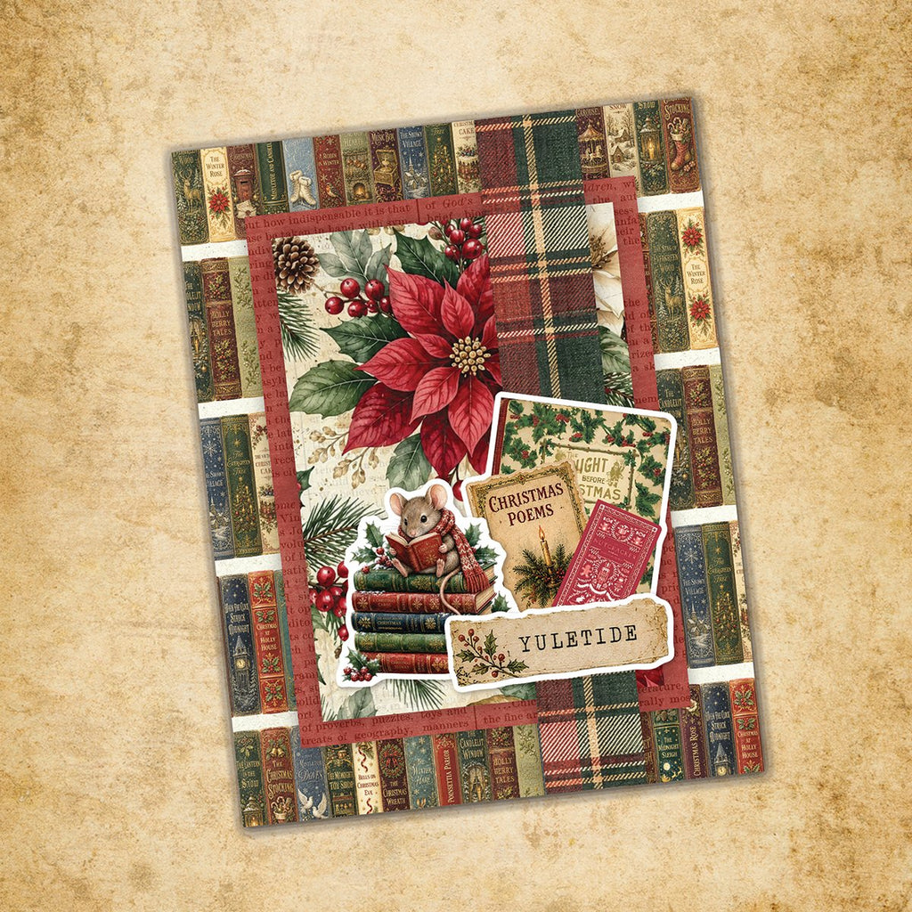 Paper Rose The Christmas Library Basics 6x6 Paper 37567 mouse on books berries yuletide card