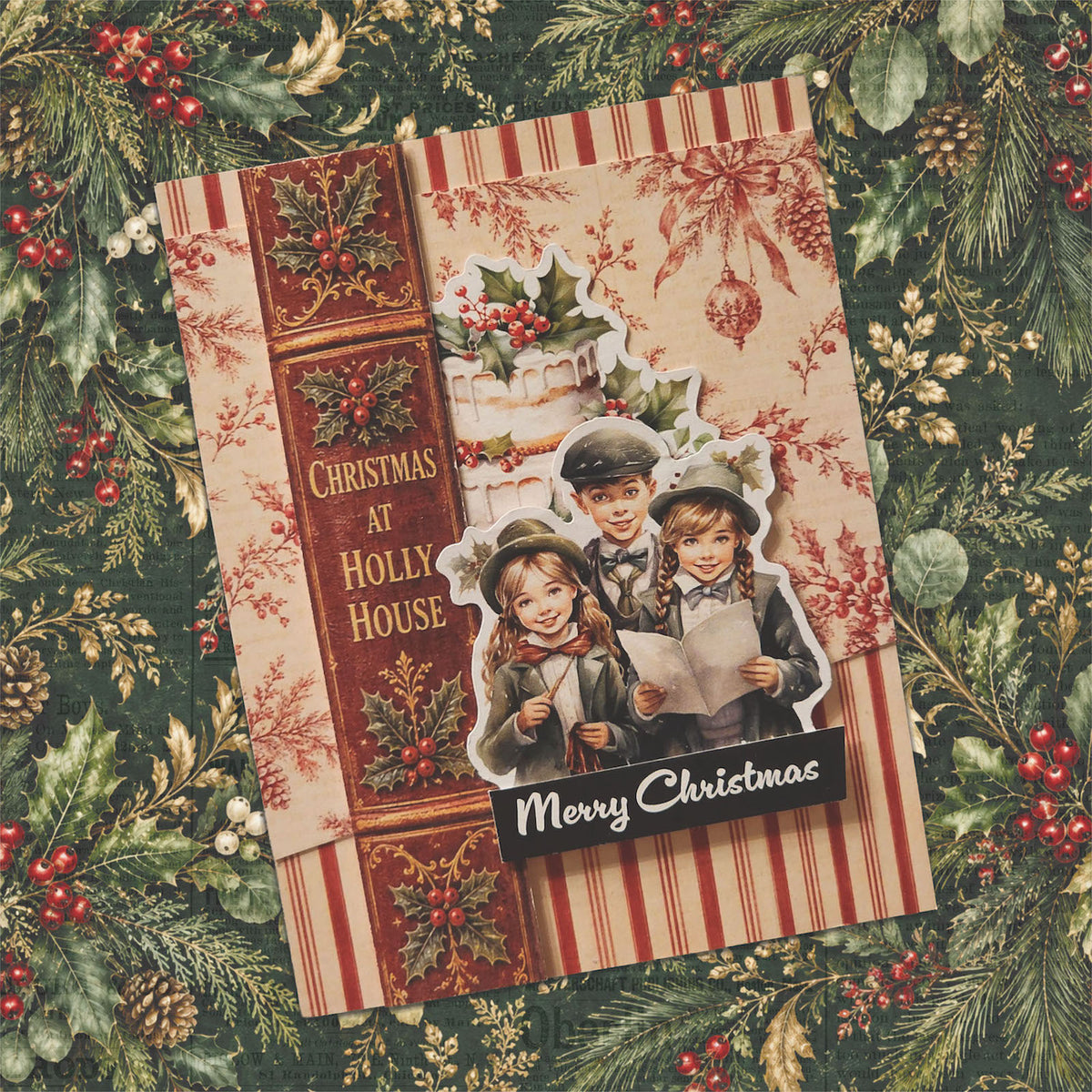 Paper Rose The Christmas Library Basics 6x6 Paper 37567 red stripped background kids with hats cake merry christmas card