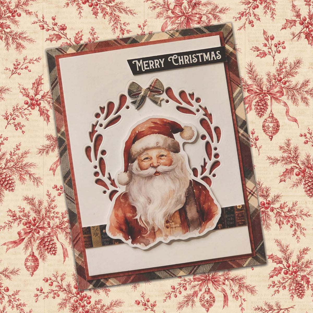 Paper Rose Vintage Christmas 1.0 Embossed Die Cuts 37591 santa claus plaid background red trim merry christmas card