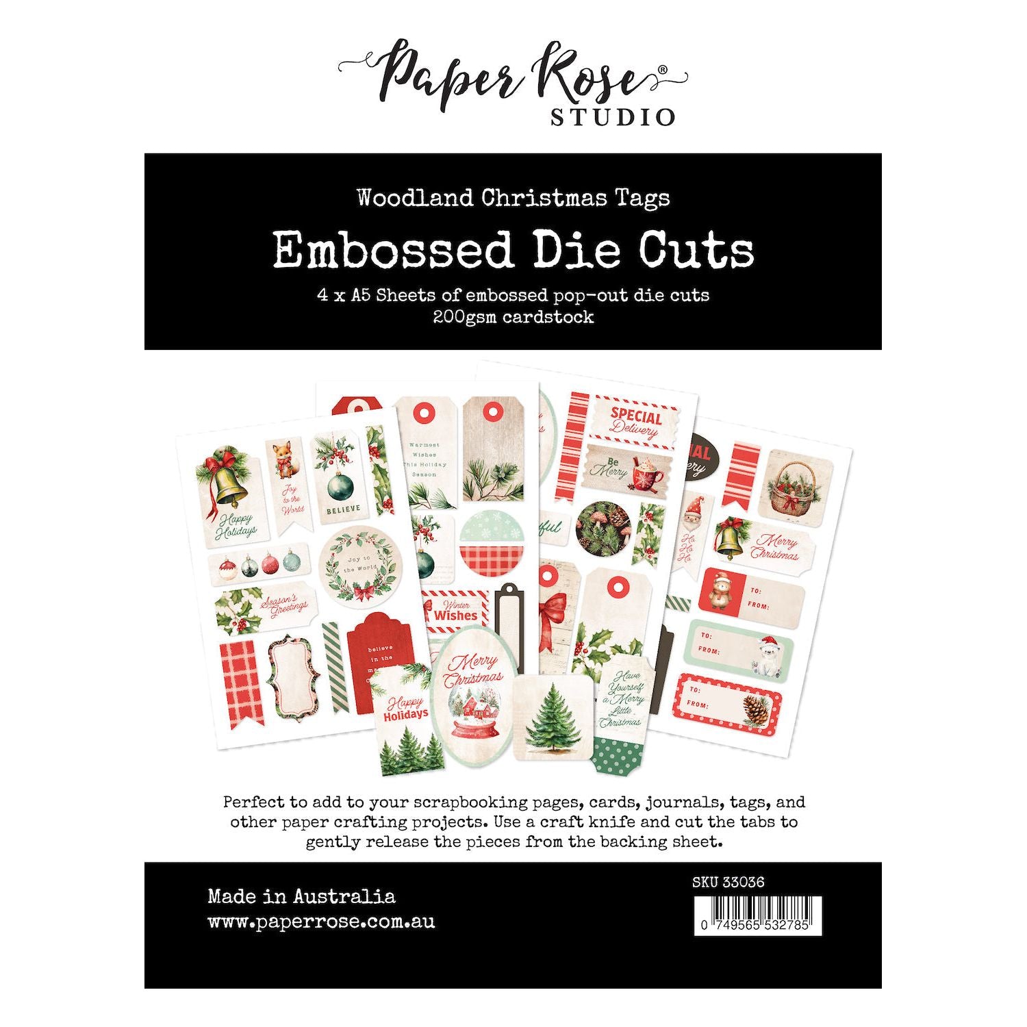 Paper Rose Woodland Christmas Tags Embossed Die Cuts 33036