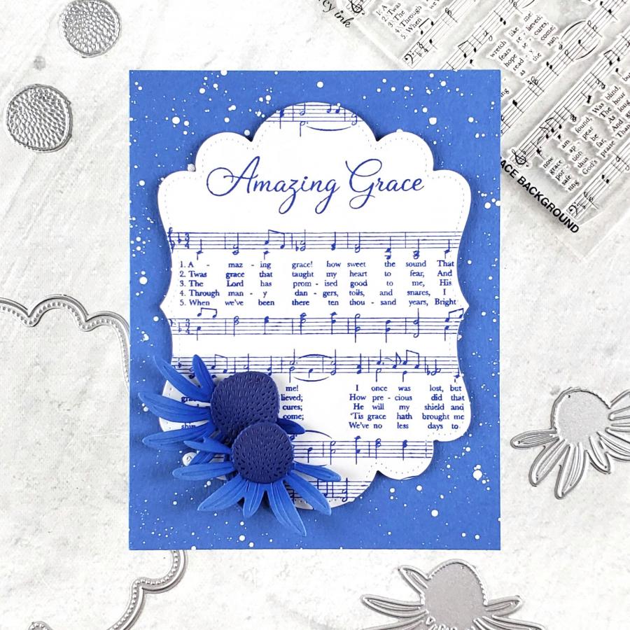 Papertrey Ink Amazing Grace Background Clear Stamp 1704 blue coneflower music splatters card