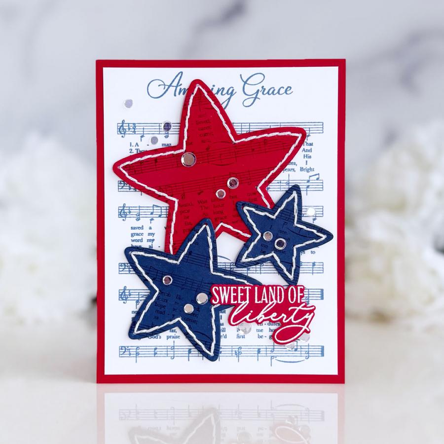 Papertrey Ink Amazing Grace Background Clear Stamp 1704 red white blue stars music stitches sequins card