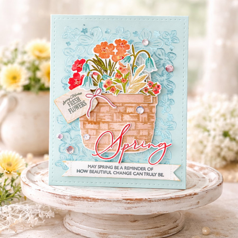 Papertrey Ink Basket of Blooms Clear Stamps 1692 blue flower background