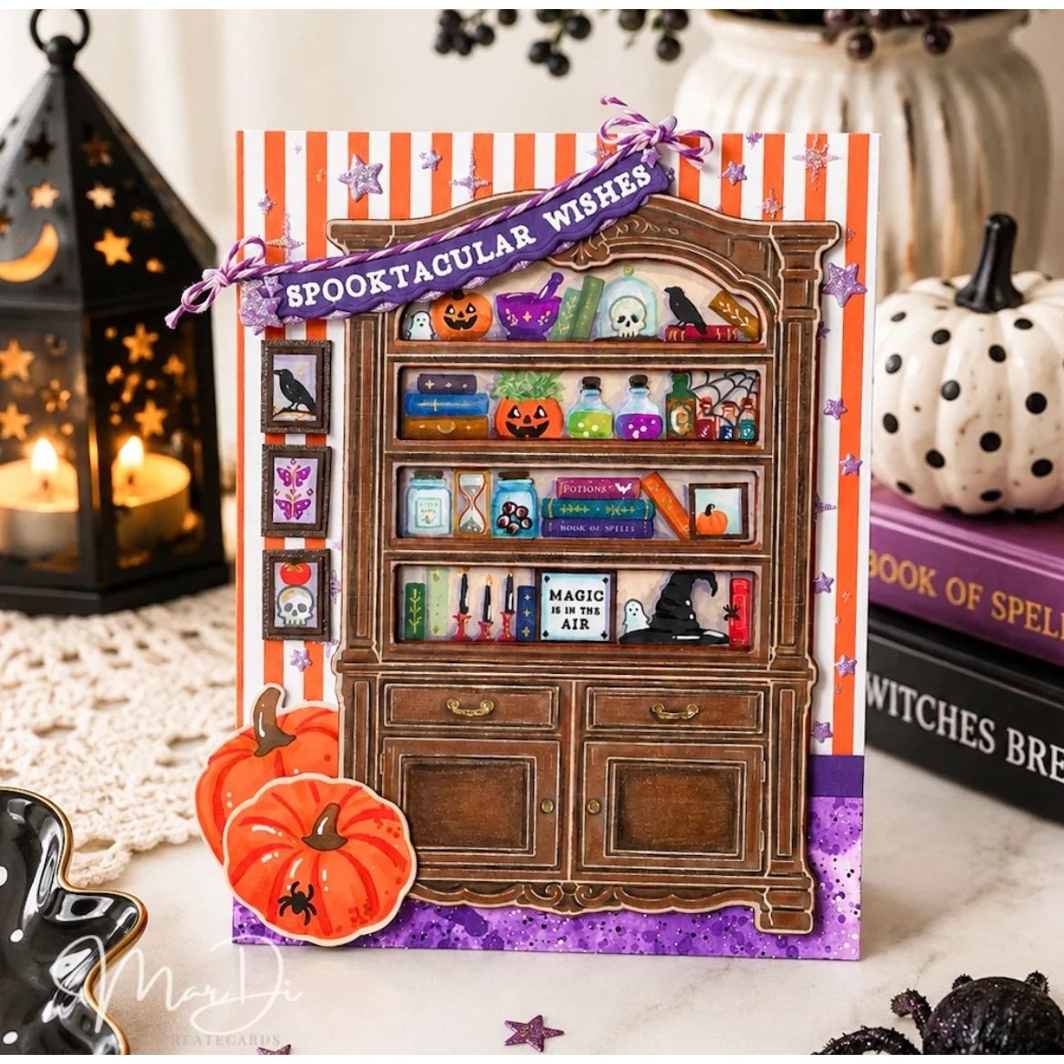 Papertrey Ink Bewitching Bookcase Clear Stamp and Die Set orange stripes card