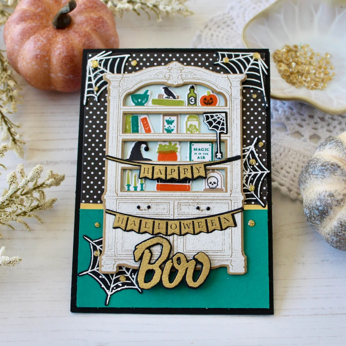 Papertrey Ink Bewitching Bookcase Dies pti-1131 spooky cobwebs card