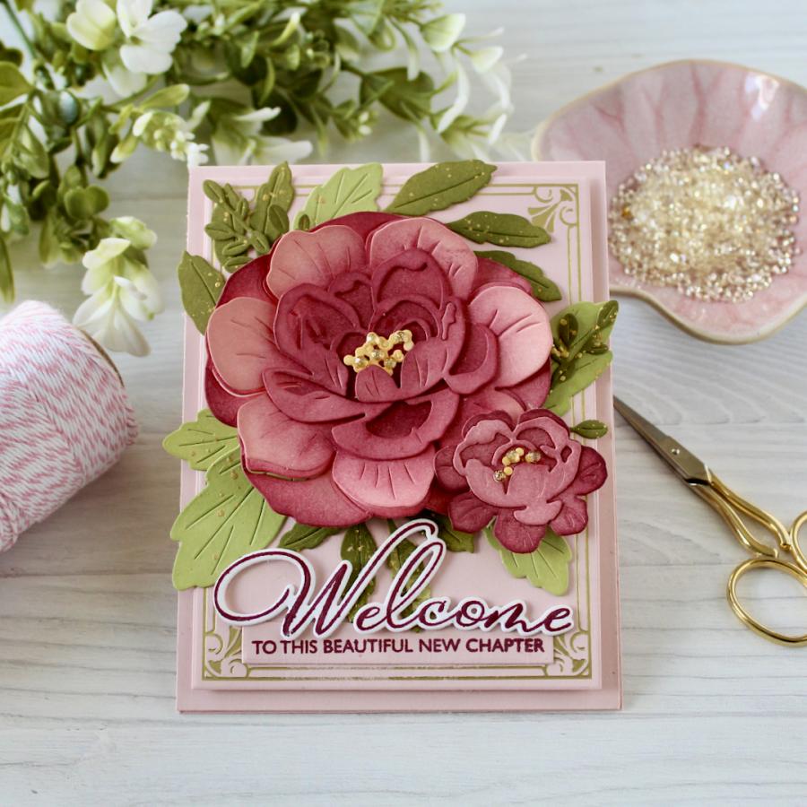 Papertrey Ink Big Blooms Elegant Rose Dies pti-1104 gold border red roses greenery pink welcome card