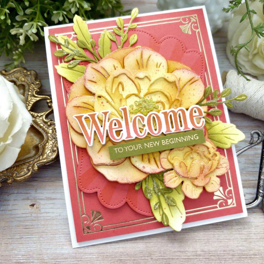 Papertrey Ink Big Blooms Elegant Rose Dies pti-1104 gold border yellow roses greenery red welcome card