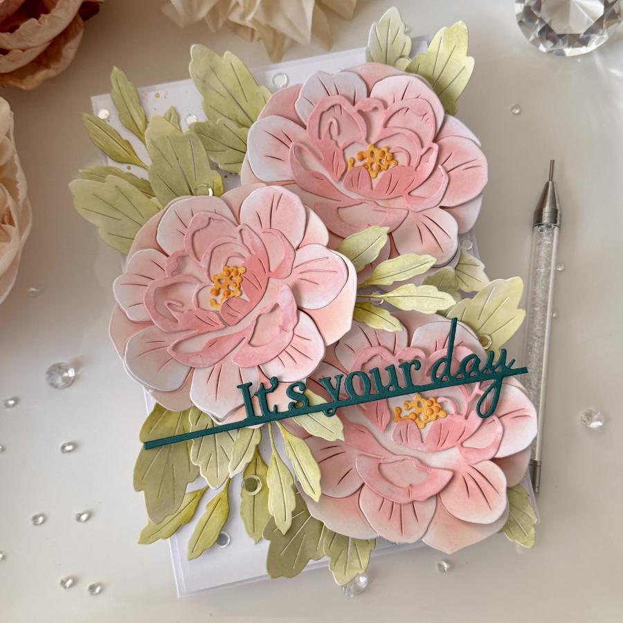 Papertrey Ink Big Blooms Elegant Rose Dies pti-1104 pink roses greenery sequins it's your day card