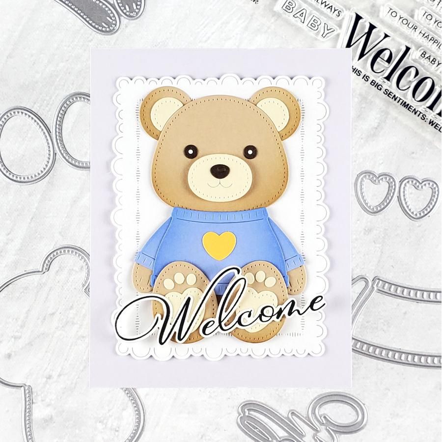 Papertrey Ink Build-A-Bear Dies pti-1099 bear blue sweater yellow heart white scallops card